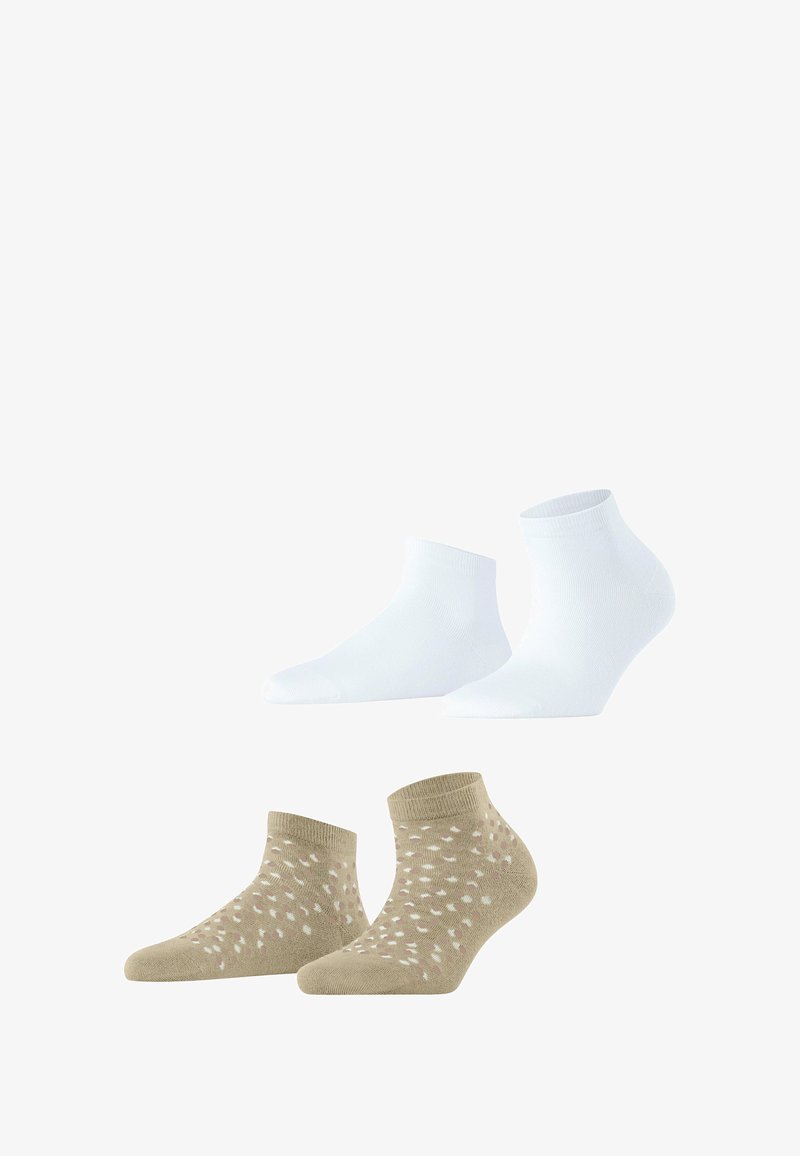Two pairs of ankle socks: one white, smooth texture, and one tan with a pattern of small, colorful dots.