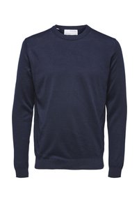 Mörkblå crewneck sweater i en texturerad tyg; har långa ärmar samt ribbade mudd och nederkant för en åtsittande siluett.