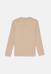 Beige Langarmhemd aus weichem Stoff, mit Rundhalsausschnitt und schlichter Gestaltung ohne sichtbare Muster oder Akzente.