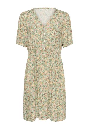 Abito floreale con sfondo verde, maniche a sbuffo corte, scollatura a V, apertura con bottoni e vita arricciata. Presenta motivi floreali multicolori di piccole dimensioni.