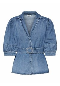 Denim blazer jacket in blue, featuring puffed sleeves, a collar, front buttons, and a belt with a circular buckle. Textured fabric.