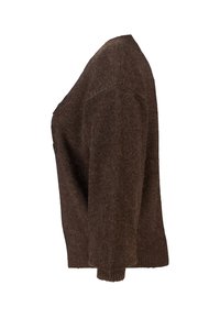 Bruine wollen cardigan, licht oversized, met een ronde hals, lange mouwen en geribbelde manchetten en zoom. Eenvoudige textuur, zonder patronen.