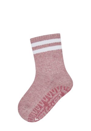 Pink toddler sock with two white stripes near the cuff and textured non-slip grips on the sole.