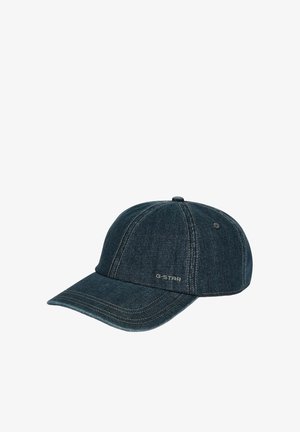 Cappellino da baseball in denim blu scuro con visiera curva e piccolo logo "G-STAR" sul pannello frontale.