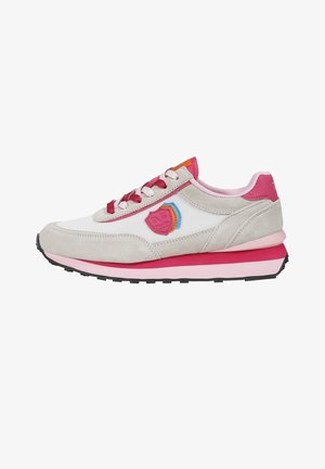 White and beige sneaker with pink and red accents, multicolor logo on side, pink padded collar, and black treaded sole.