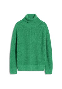 Grön polotröja gjord av texturerad stickad tyg. Har långa ärmar, ribbade mudd och en figurnära silhuett. Mjuk och mysig utseende.