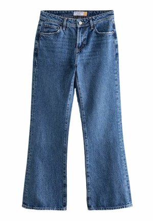 Sinine denim flared teksapüksid kõrge vöökoht, ees on taskud, õmblemise detailid ja kergelt kulunud tekstuur.
