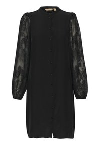 Black dress with a mandarin collar and button closure. Long sheer sleeves feature floral embroidery. Smooth fabric with a relaxed fit.