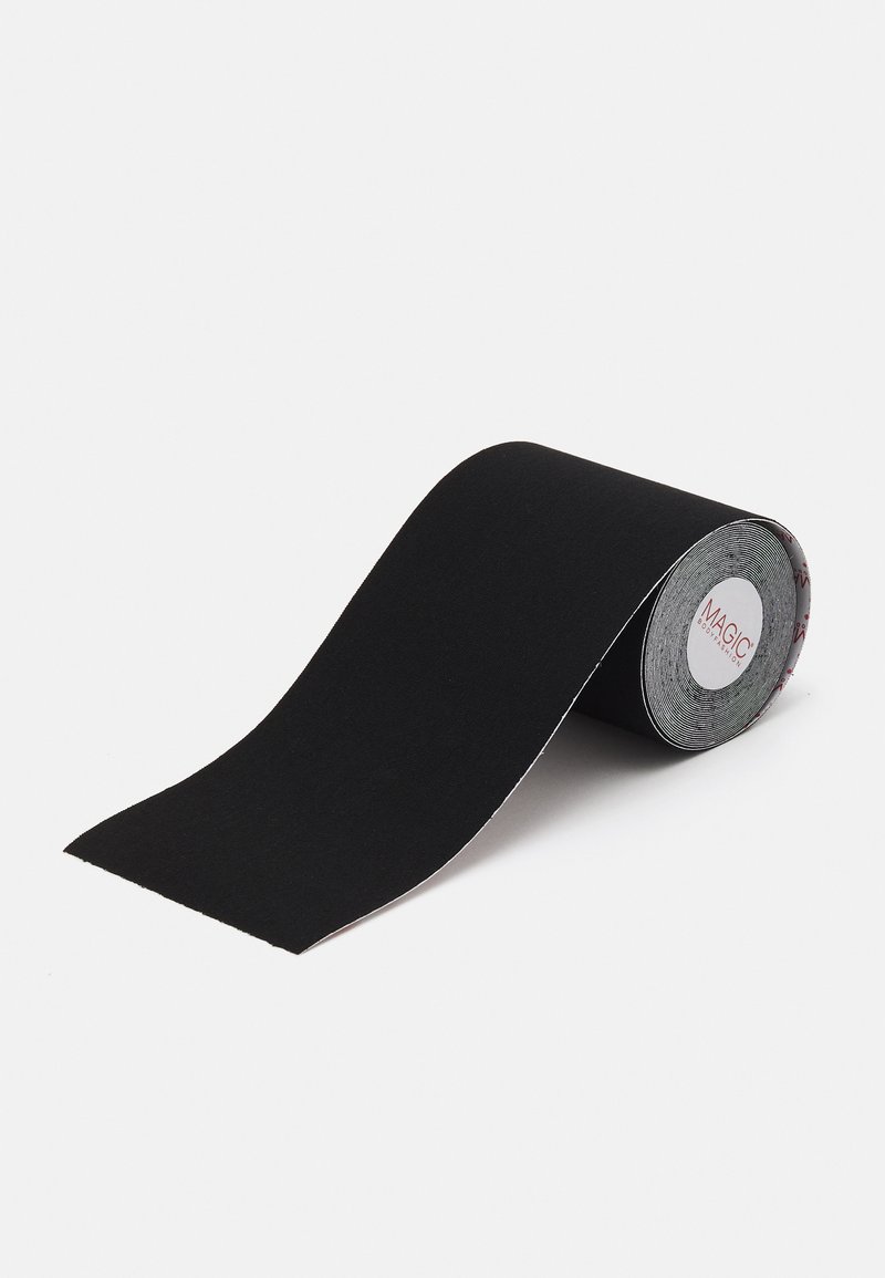 Black adhesive tape on a roll, smooth texture, flexible design, with a circular cardboard core, featuring a logo on one side.
