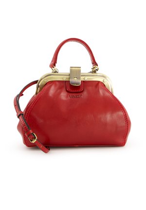 Red leather handbag with a structured design, gold-tone metal frame, and clasp closure. Features a short handle and adjustable shoulder strap.
