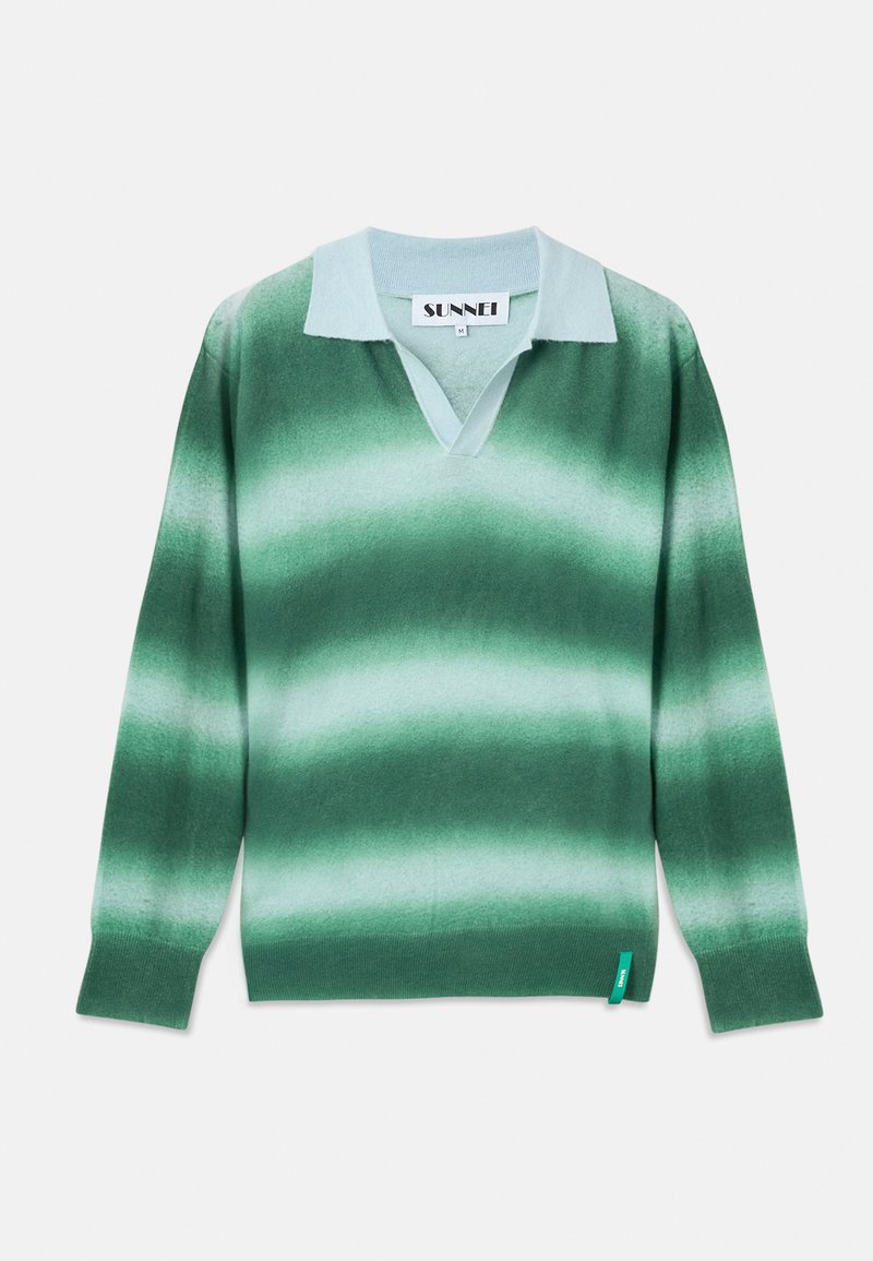 Green striped sweater with a v-neck and light blue collar. Features a soft texture and varied shades of green in a gradient pattern.