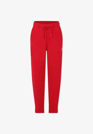 Czerwone spodnie dresowe z regulowanym paskiem w talii i zwężanymi mankietami, wykonane z miękkiego materiału z dyskretnym logo po boku.
