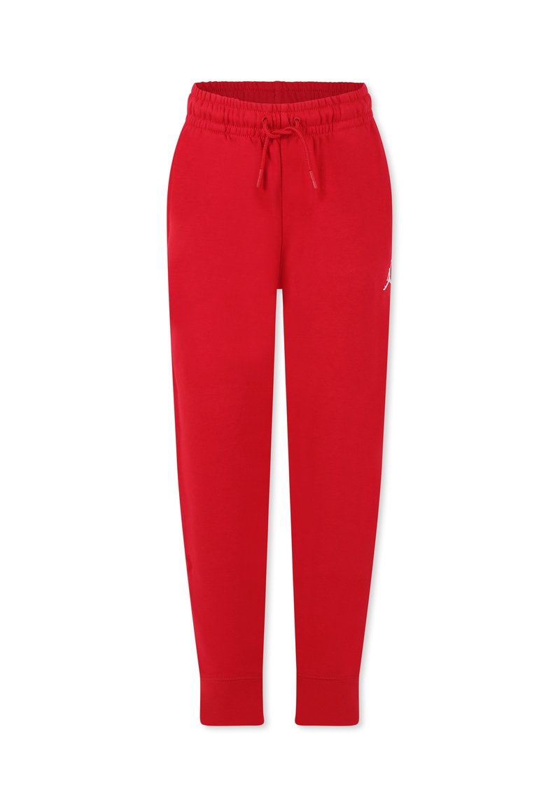 Rode sweatpants met een trekkoord in de taille en taps toelopende boorden, gemaakt van een zachte stof met een subtiele logo aan de zijkant.