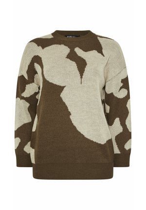 Suéter tricotado marrón y crema con un patrón de camuflaje, cuello redondo y dobladillo acanalado. Textura suave y corte relajado.