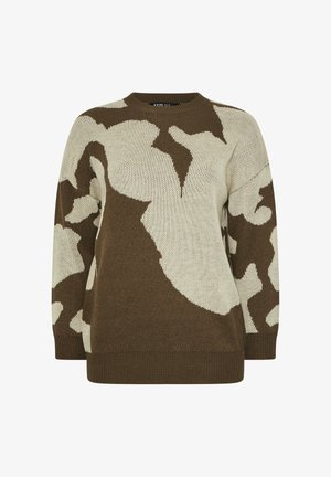 Maglione lavorato a maglia marrone e crema con motivo mimetico, collo a giro e orlo a coste. Texture morbida e vestibilità comoda.