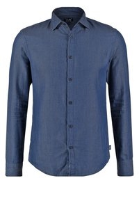 Chemise pour hommes à manches longues, bleu, avec boutons, tissu texturé et col classique, présentée sur un fond blanc.