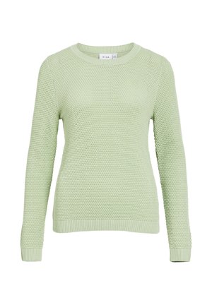 Svijetlozeleni pleteni džemper s teksturiranom površinom, okruglim izrezom, dugim rukavima i rebrastim manžetnama i rubom.