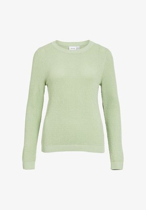 Šviesiai žalios spalvos megztinis su tekstūruota paviršiaus danga, apvalia iškirpte, ilgomis rankovėmis bei į apačią susiaurėjusiais rankogaliais ir apačia.