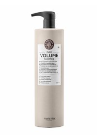 Pure Volume Shampoo in een hoge, beige fles met een zwarte pomp. Witte label toont productdetails en een logo. 1000 ml capaciteit.