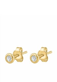 Náušnice zo zlatého kovu s okrúhlym dizajnom, v strede ktorých je priehľadný okrúhly drahokam. Hladká textúra a leštený povrch.