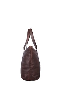 Brown leather bag with a rounded shape, featuring a single strap and smooth texture. Zipper closure along the top, minimalistic design.