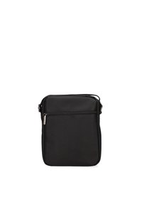 Borsa a tracolla nera realizzata in materiale resistente, dotata di una tasca frontale con zip e di una tracolla regolabile, con forma rettangolare e superficie liscia.