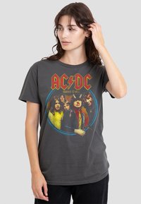Gray cotton t-shirt featuring a colorful AC/DC "Highway to Hell" graphic with six band members. Short sleeves and crew neckline.