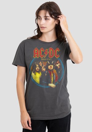 Gray cotton t-shirt featuring a colorful AC/DC "Highway to Hell" graphic with six band members. Short sleeves and crew neckline.