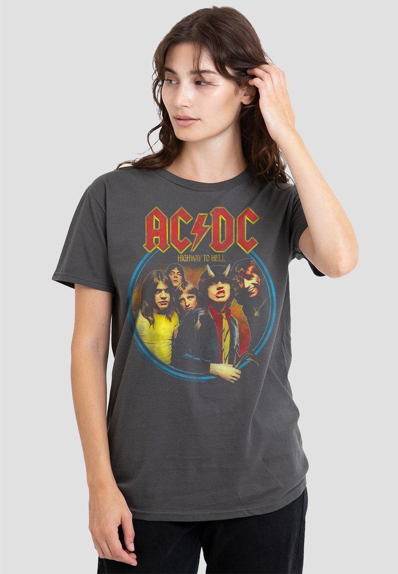 Gray cotton t-shirt featuring a colorful AC/DC "Highway to Hell" graphic with six band members. Short sleeves and crew neckline.