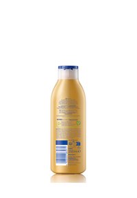 Golden bottle of NIVEA lotion with blue cap, showing back label with ingredients, usage instructions, barcode, and recycling info, 250 ml size.