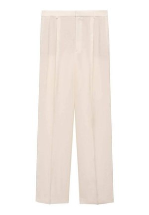 Beige wide-leg trousers with pleats and a smooth texture. Features a tailored waistband and two side pockets.