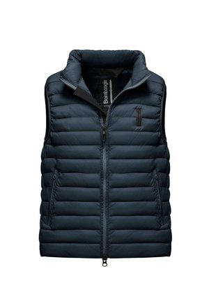 Chaleco acolchado en azul marino oscuro, con un alto cuello, cremallera frontal y dos bolsillos laterales. Fabricado con un material suave y ligero.