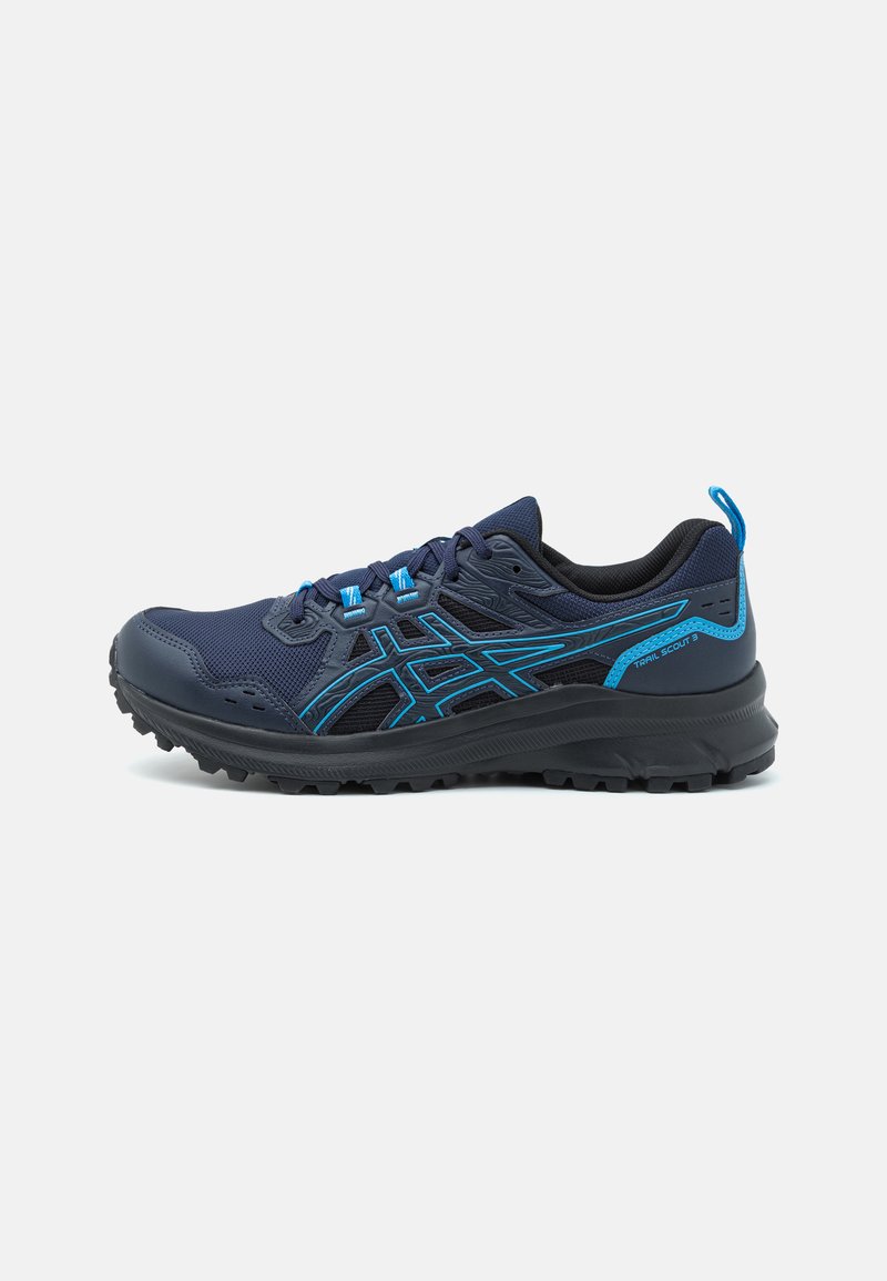 Baskets de trail en bleu marine et noir avec un dessus texturé, des accents bleus, une semelle à profonde adhérence et un soutien de talon renforcé. Comprend des lacets et un logo.