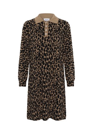 Langärmeliges knielanges Kleid mit braun-schwarzem Leopardenmuster, beigem Kragen und vier dekorativen Knöpfen auf der Vorderseite.