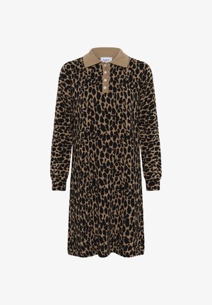 Sukienka z długim rękawem sięgająca do kolan, w brązowo-czarny wzór lamparci, z beżowym kołnierzykiem i czterema ozdobnymi guzikami z przodu.