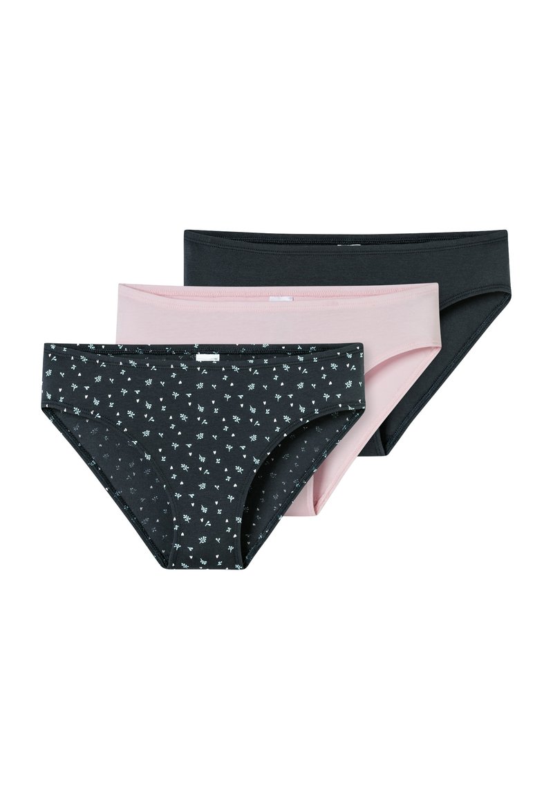 Three pairs of women's panties: one black with white floral patterns, one solid pink, and one solid black. Made from soft, stretchy fabric.