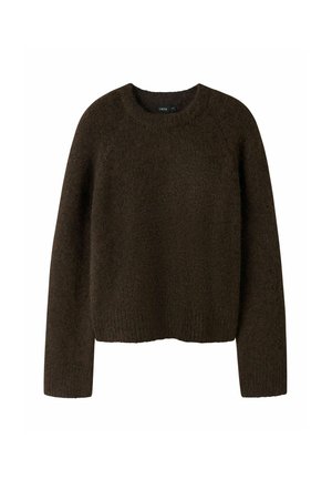 Pull tricoté marron foncé à manches longues, encolure ronde et ourlet légèrement raccourci, présenté de face sur fond blanc.