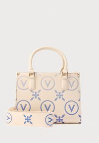 Borsa crema con "V" circolare blu e motivi floreali, dotata di due manici corti e una tracolla abbinata staccabile.