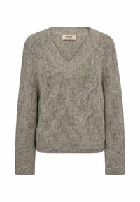 V-kaelusega, pikkade varrukatega kampsun pehmest hallist kudumist, millel on õrn tekstuur ja palmikmuster. Omadusteks on lõdvestunud lõige ning soonikkoes servad ja varrukaotsad.