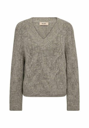 V-kaelusega, pikkade varrukatega kampsun pehmest hallist kudumist, millel on õrn tekstuur ja palmikmuster. Omadusteks on lõdvestunud lõige ning soonikkoes servad ja varrukaotsad.