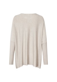 Beige übergroßer Pullover aus weichem Strickstoff, mit weitem Ausschnitt, langen Ärmeln und einer lockeren Passform mit leicht strukturierter Oberfläche.