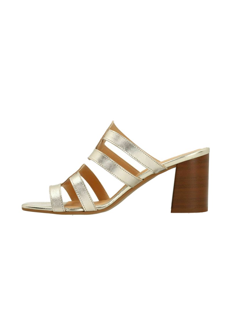 Gouden metallic open teen hoge sandaal met drie brede banden en een stevige bruine blokhak. Glad oppervlak en minimalistisch ontwerp.