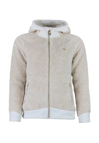 Fuzzy beige zip-up hoodie med hvid kant, med sidelommer og et lille logo på brystet. Blød tekstur, varmt design.