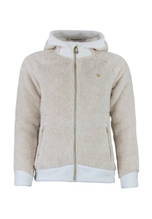 Fuzzy beige zip-up hoodie met een witte rand, voorzien van zijzakken en een klein logo op de borst. Zachte textuur, warme uitstraling.