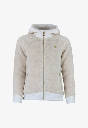 Felpa con zip beige fuzzy, con una bordatura bianca, dotata di tasche laterali e di un piccolo logo sul petto. Texture morbida, design caldo.