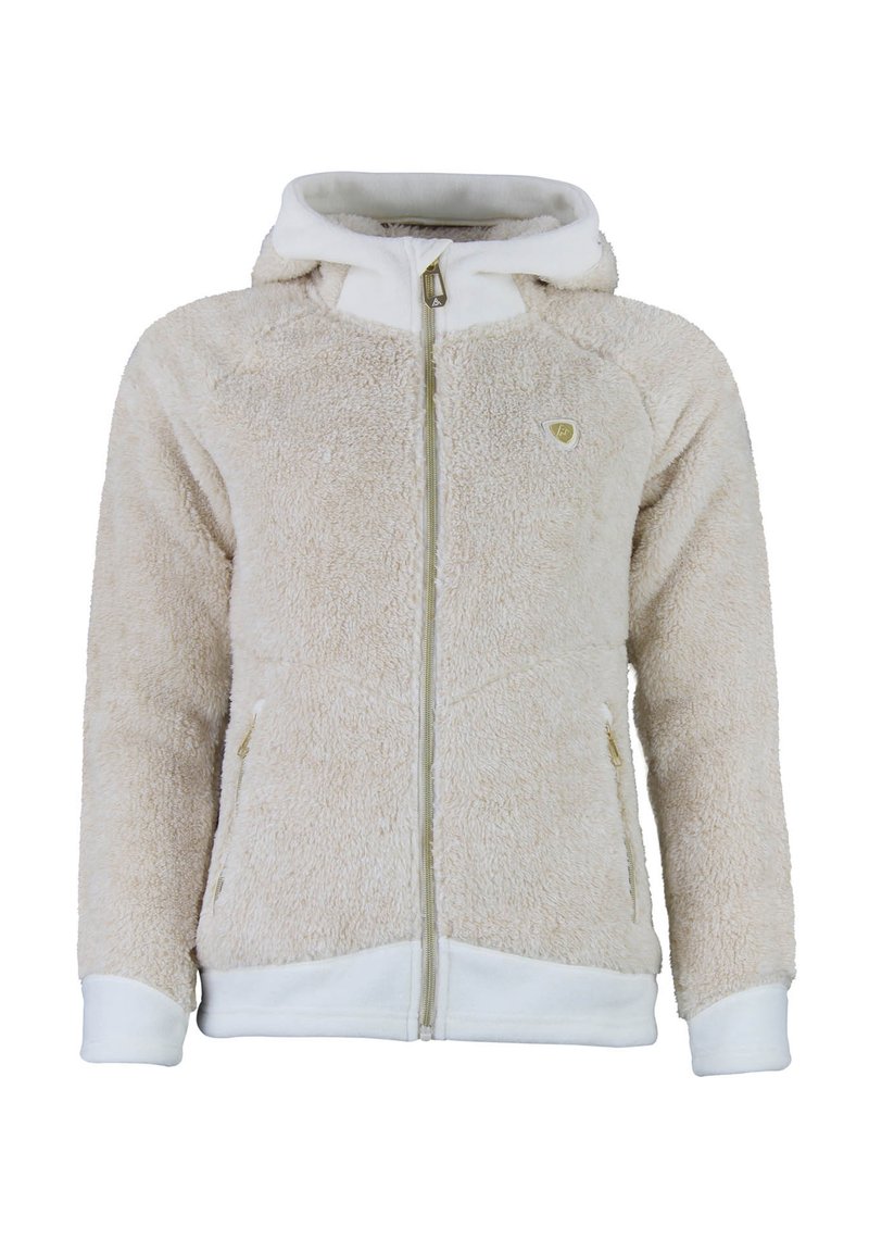 Fuzzy beige zip-up hoodie med hvid kant, med sidelommer og et lille logo på brystet. Blød tekstur, varmt design.