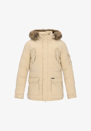 Beige dunjakke med pelskantet hætte, lynlåslommer på siden og brystet, elastiske manchetter og taljeret pasform.