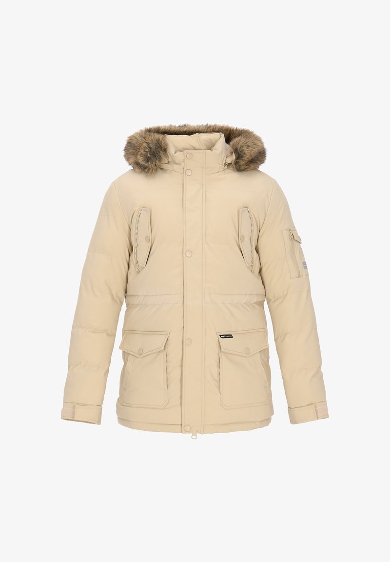 Beżowa kurtka puchowa z kapturem wykończonym futrem, zapinanymi na zamek kieszeniami bocznymi i na piersi, elastycznymi mankietami oraz taliowanym pasem.
