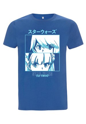 Blå bomuld T-shirt med to stiliserede karakterillustrationer, mærket "Star Wars" og "The Twins" i hvid tekst, centreret design.