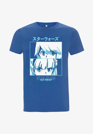 Blå bomuld T-shirt med to stiliserede karakterillustrationer, mærket "Star Wars" og "The Twins" i hvid tekst, centreret design.